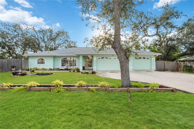 single story home with a garage and a front yard