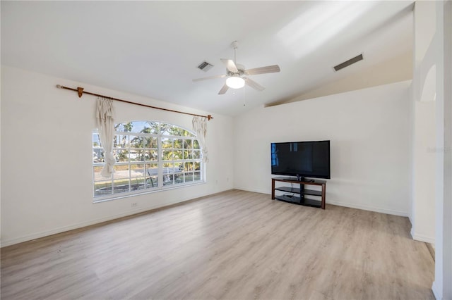 unfurnished living room featuring ceiling fan, lofted ceiling, and light hardwood / wood-style flooring