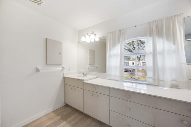 bathroom with vanity and hardwood / wood-style floors