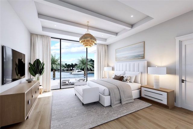 bedroom featuring access to outside, light hardwood / wood-style flooring, floor to ceiling windows, and a water view