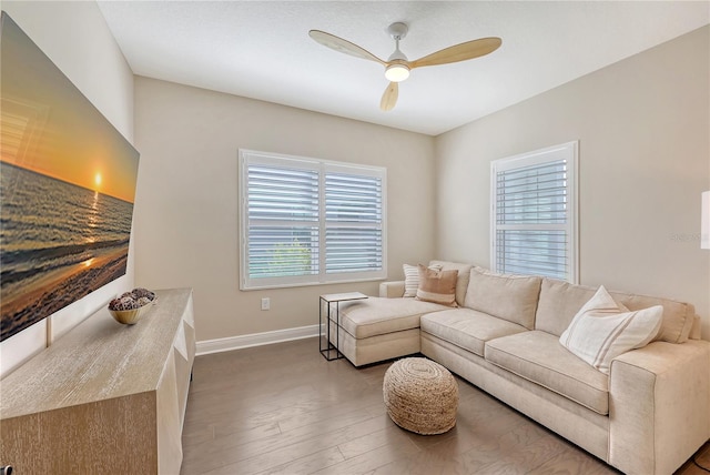 living room with ceiling fan and hardwood / wood-style floors