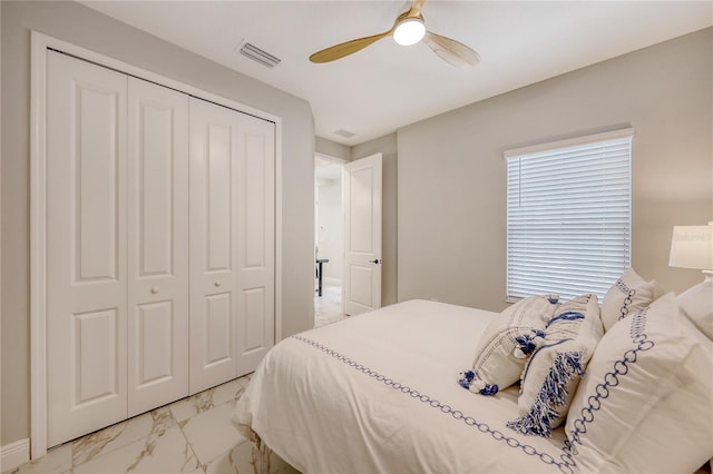 bedroom featuring ceiling fan and a closet