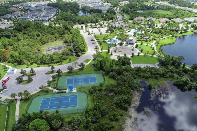 birds eye view of property featuring a water view