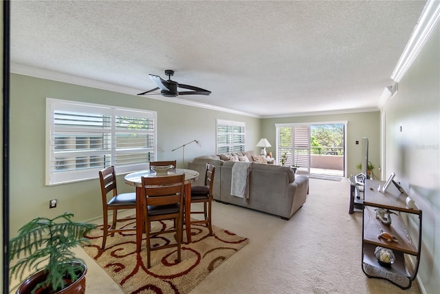 carpeted living room featuring crown molding, ceiling fan, and a textured ceiling