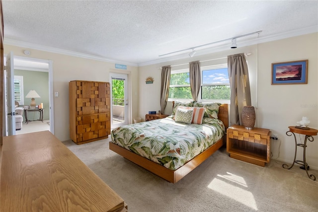 bedroom with a textured ceiling, light colored carpet, track lighting, and ornamental molding