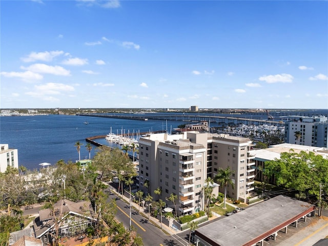 birds eye view of property with a water view