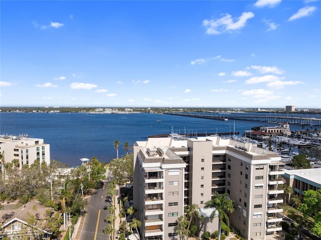 drone / aerial view with a water view