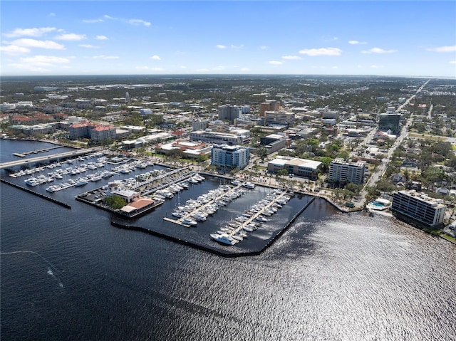 bird's eye view with a water view