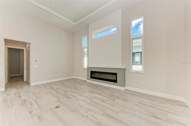 unfurnished living room featuring a raised ceiling and light hardwood / wood-style flooring