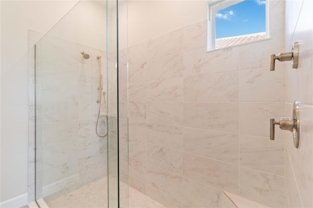 bathroom featuring a shower with shower door