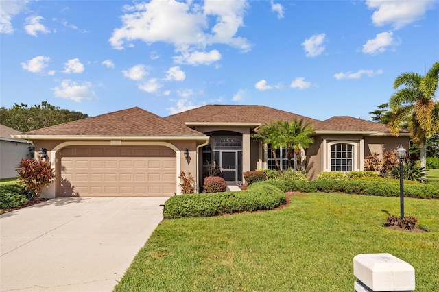 view of front of home featuring a front yard and a garage