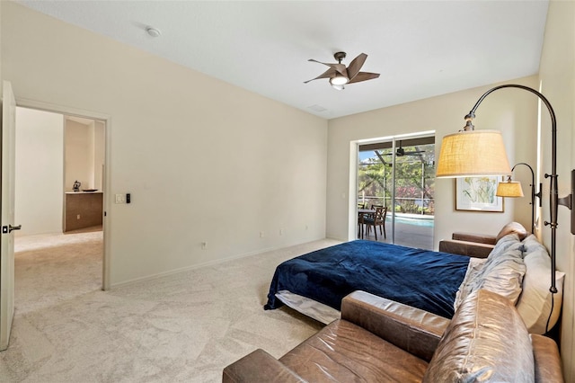 carpeted bedroom with access to outside and ceiling fan