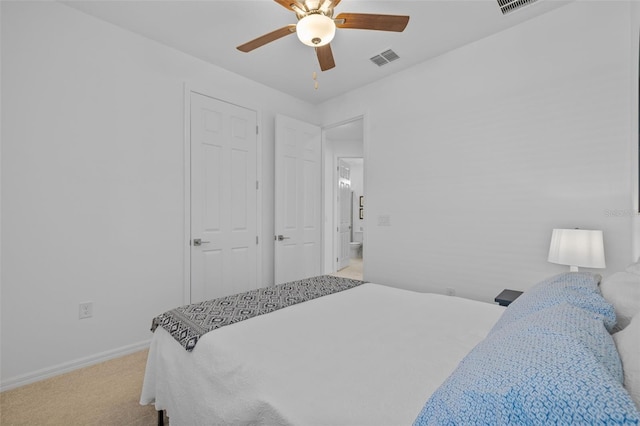 bedroom featuring ceiling fan and carpet floors