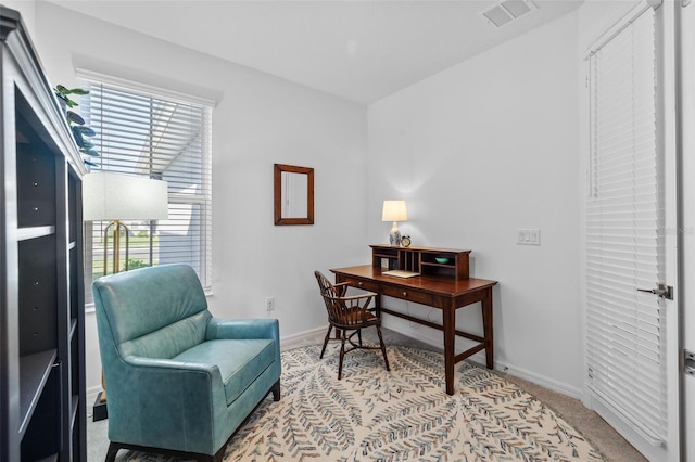 home office with light carpet