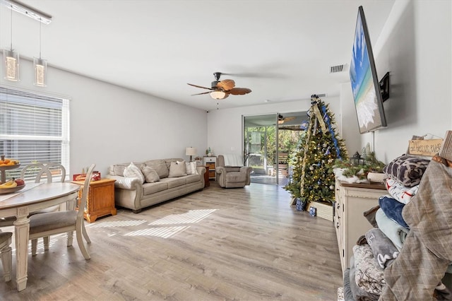 living room featuring ceiling fan and light hardwood / wood-style floors