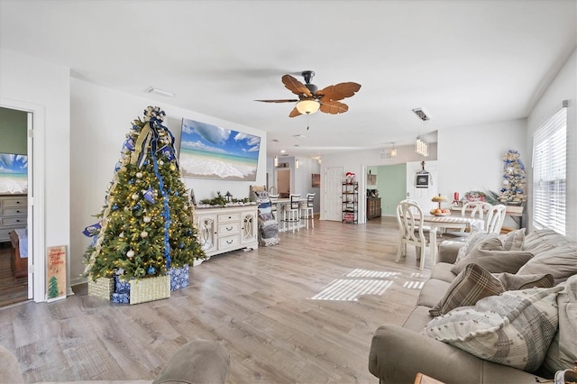 living room with ceiling fan and light hardwood / wood-style floors