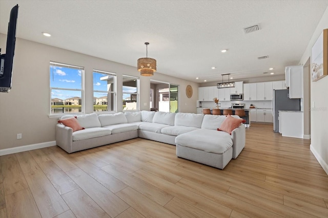 living room featuring light hardwood / wood-style flooring and a textured ceiling