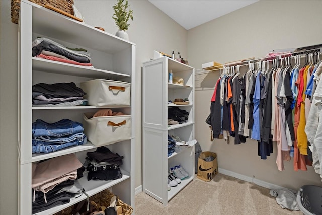 walk in closet featuring light carpet