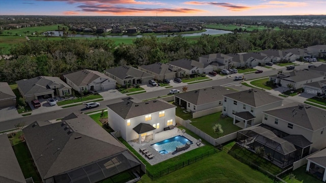 view of aerial view at dusk