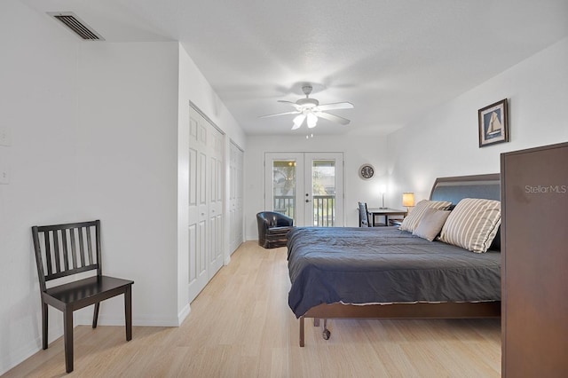 bedroom featuring ceiling fan, french doors, access to outside, a closet, and light wood-type flooring