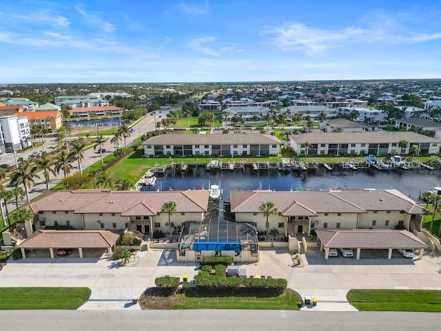 bird's eye view with a water view