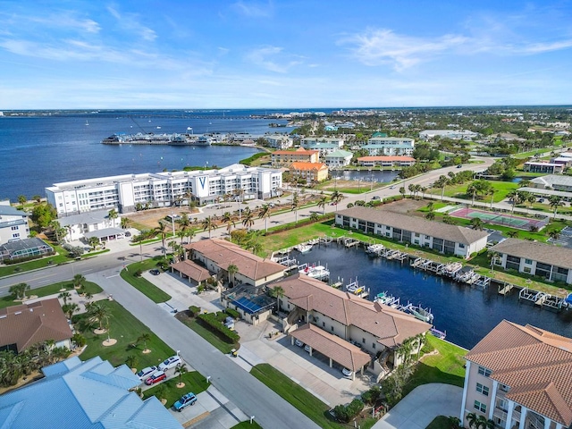 aerial view featuring a water view