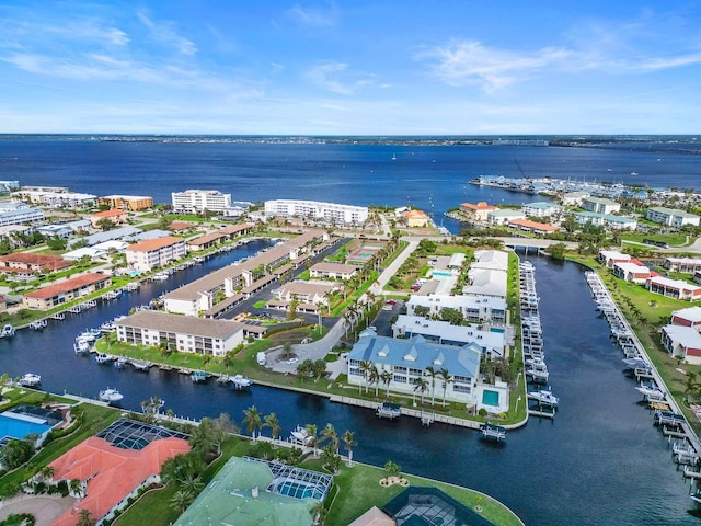 aerial view featuring a water view