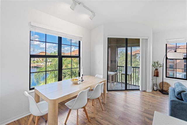 8377 38th Street Cir E Unit 308, Sarasota, FL 34243 - dining space featuring rail lighting, wood finished floors, and baseboards