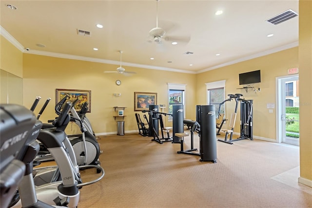 8377 38th Street Cir E Unit 308, Sarasota, FL 34243 - workout area featuring ceiling fan, baseboards, crown molding, recessed lighting, and light carpet