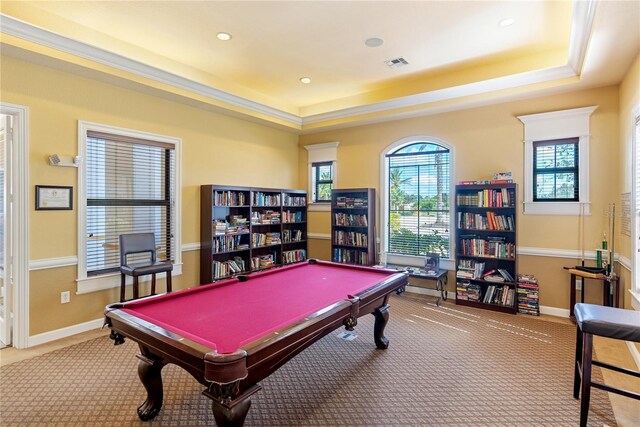 8377 38th Street Cir E Unit 308, Sarasota, FL 34243 - playroom featuring a tray ceiling, billiards table, carpet flooring, baseboards, and recessed lighting