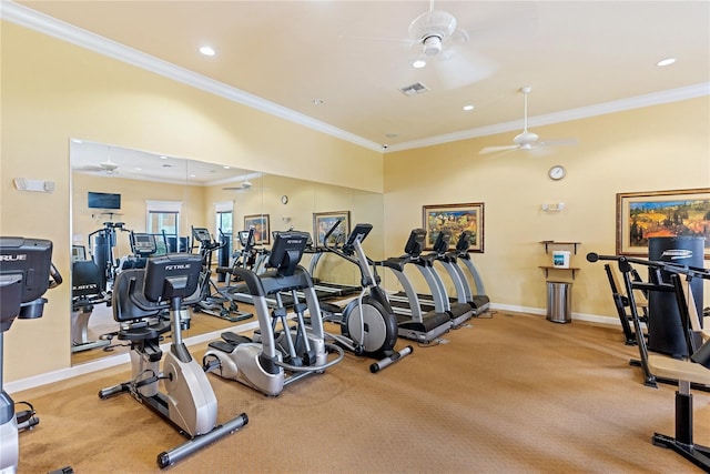 8377 38th Street Cir E Unit 308, Sarasota, FL 34243 - gym with ceiling fan, ornamental molding, baseboards, light carpet, and recessed lighting