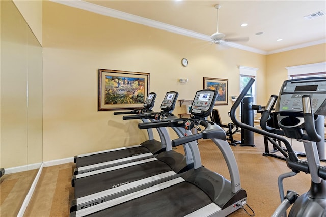 8377 38th Street Cir E Unit 308, Sarasota, FL 34243 - gym featuring crown molding, a ceiling fan, baseboards, and recessed lighting