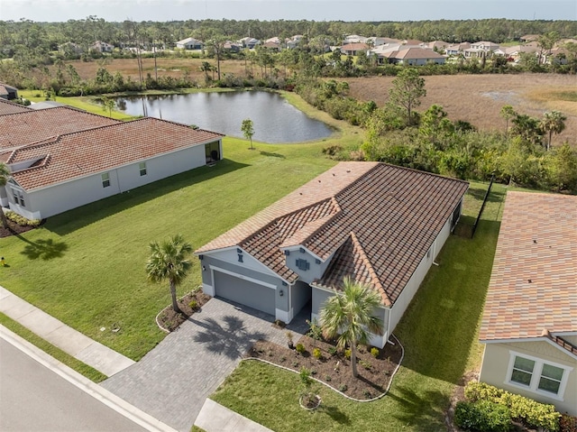 drone / aerial view with a water view