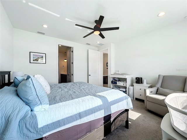 bedroom with ceiling fan and carpet floors