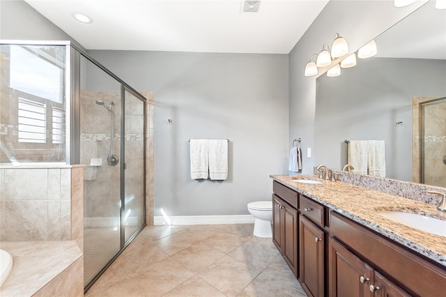 full bathroom featuring tile patterned flooring, vanity, toilet, and plus walk in shower