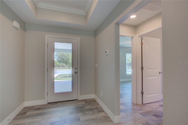 doorway with light wood-type flooring