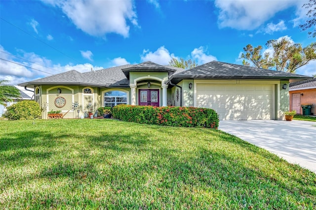 view of front facade featuring french doors, a garage, and a front lawn