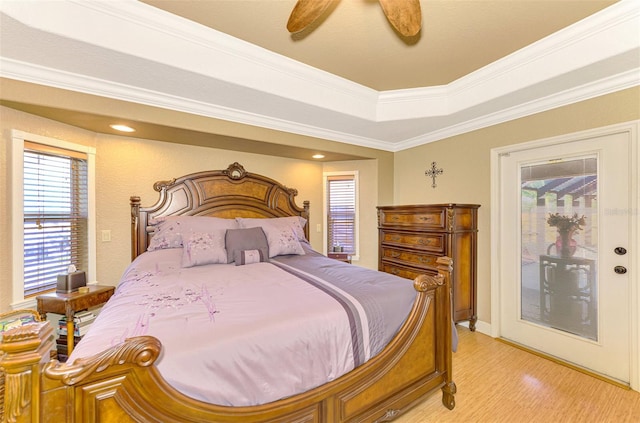 bedroom with access to exterior, ceiling fan, crown molding, and light hardwood / wood-style flooring