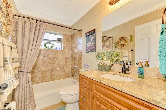 full bathroom featuring vanity, toilet, shower / bathtub combination with curtain, and ornamental molding