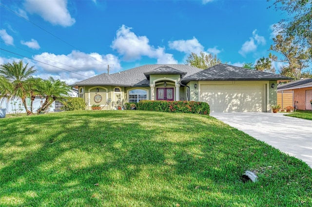 view of front of property with a garage and a front lawn