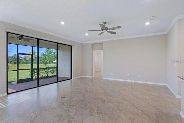 tiled empty room featuring ceiling fan and crown molding