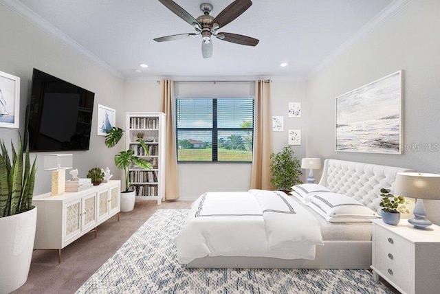 carpeted bedroom with ceiling fan and ornamental molding