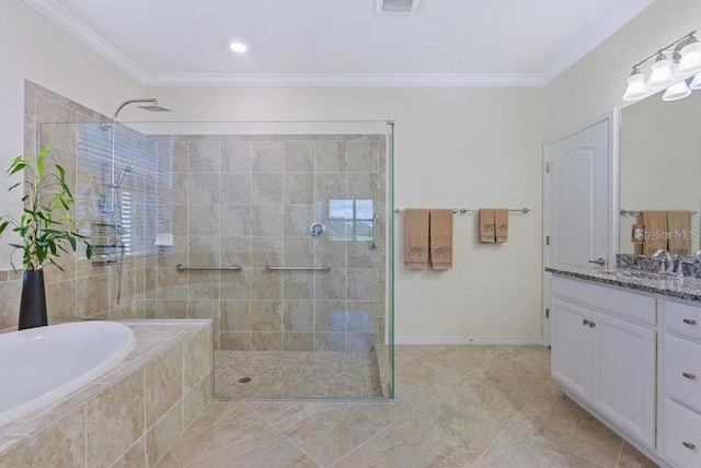 bathroom with crown molding, vanity, and shower with separate bathtub