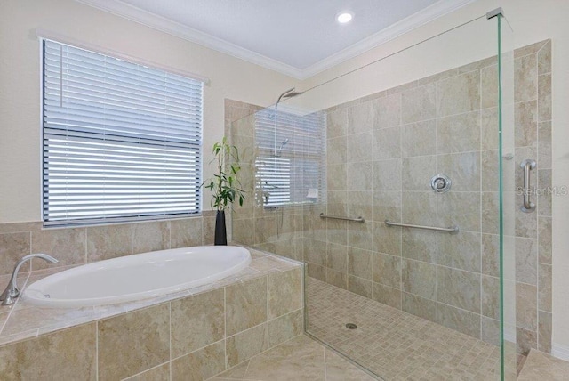 bathroom with tile patterned flooring, plenty of natural light, ornamental molding, and shower with separate bathtub