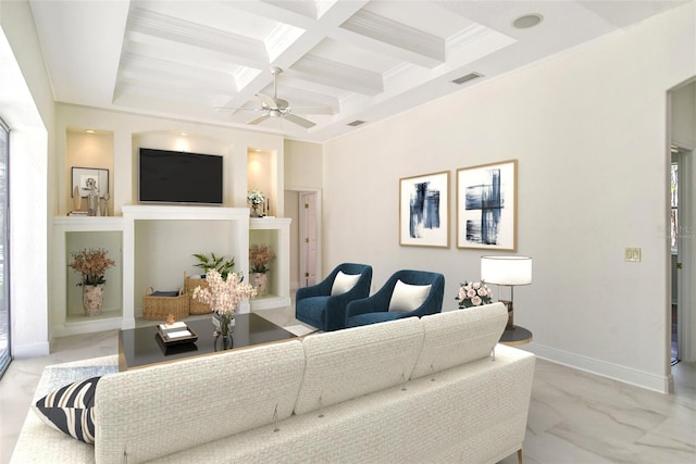 living room featuring beam ceiling, ceiling fan, crown molding, and coffered ceiling