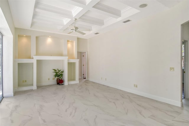 unfurnished living room with ceiling fan, ornamental molding, beam ceiling, and coffered ceiling