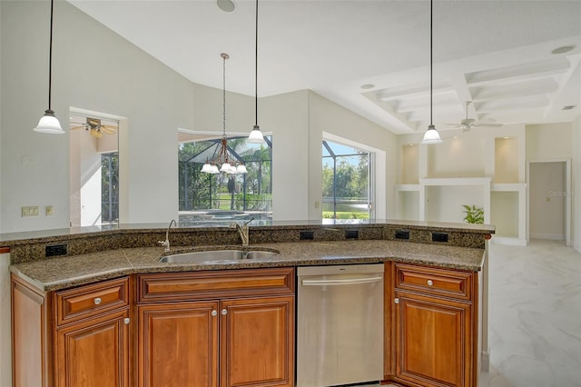 kitchen featuring ceiling fan with notable chandelier, sink, hanging light fixtures, stainless steel dishwasher, and coffered ceiling