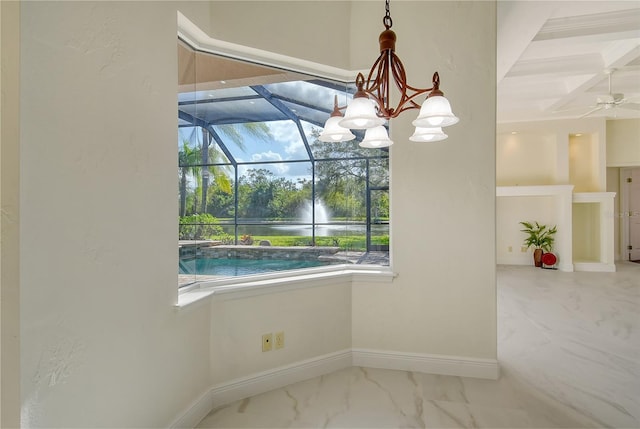 unfurnished dining area with beam ceiling, ceiling fan with notable chandelier, and coffered ceiling