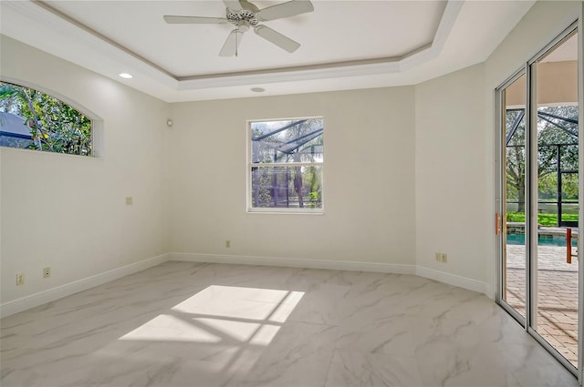 spare room featuring a raised ceiling and plenty of natural light