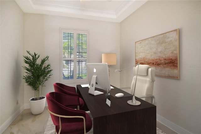 office area with crown molding and a raised ceiling